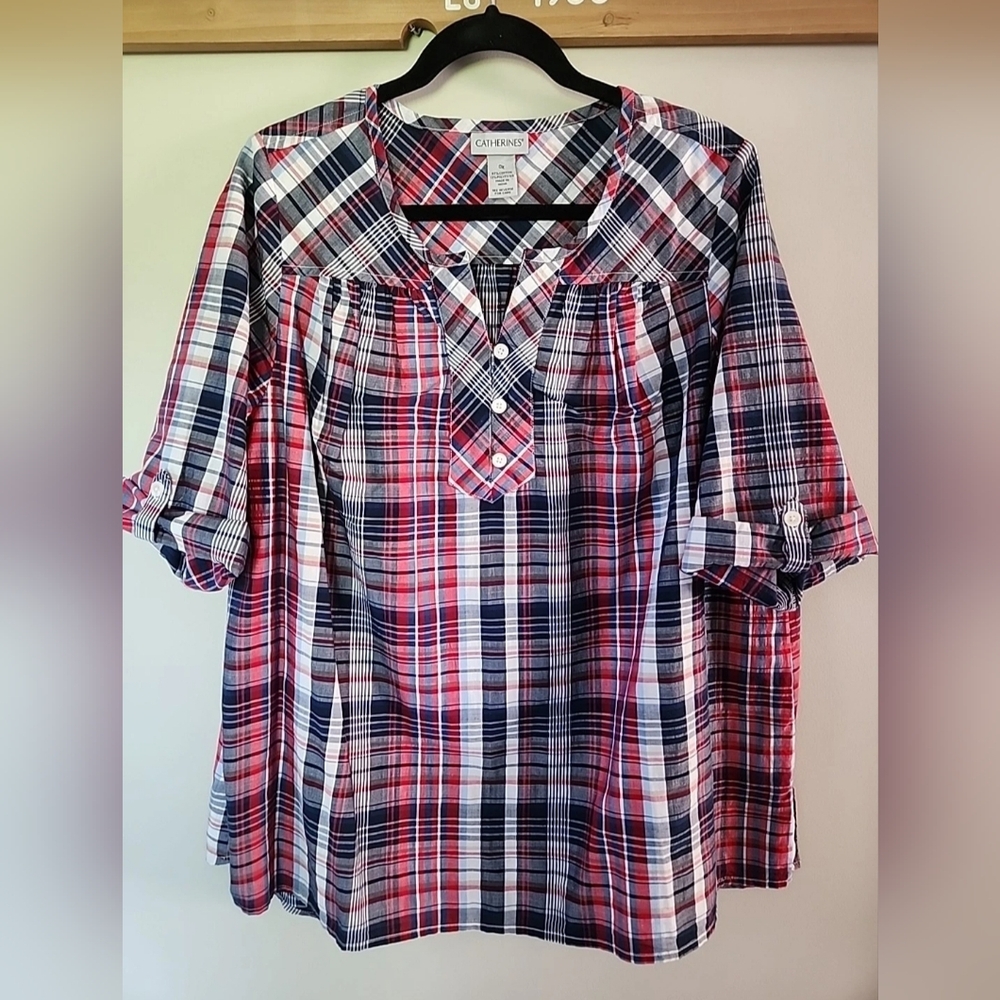Catherines Plus Boho Plaid Red Blue Roll Tab Sleeve Pintuck Shirt OX 14/16